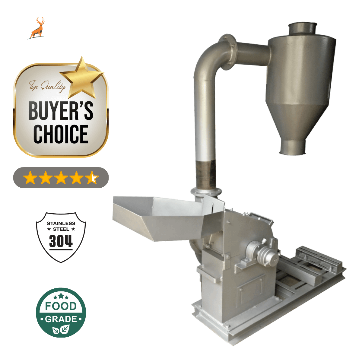 10 HP Masala Grinder - hopper and feed inlet close-up - reindeer machinery